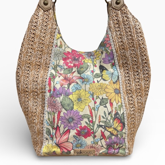 Sakroots Roma Straw Shopper Tote Floral Print Canvas Leather Trim Bag - Picture 2 of 7